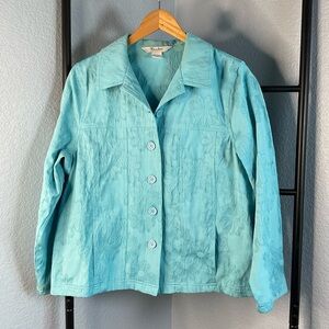 Turquoise Teal Aqua Blue floral button-up jacket 14 petite #floraljacket
